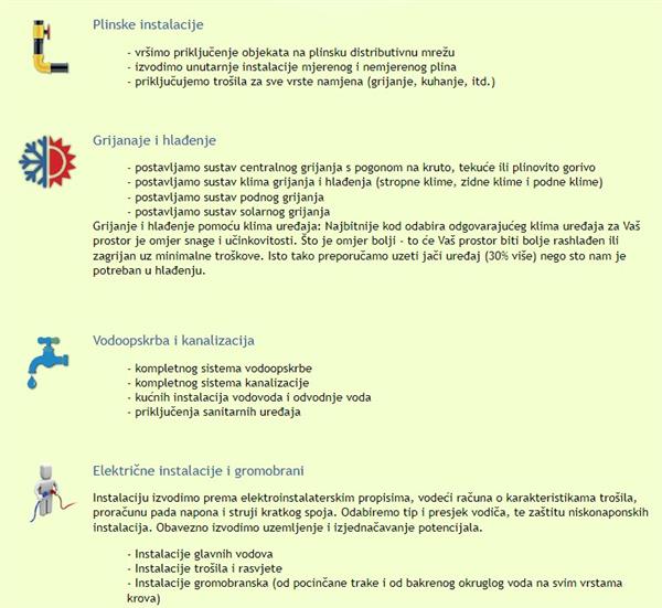 grijanje, hlađenje, plinske instalacije, vodoopskrba, kanalizacija, električne instalacije